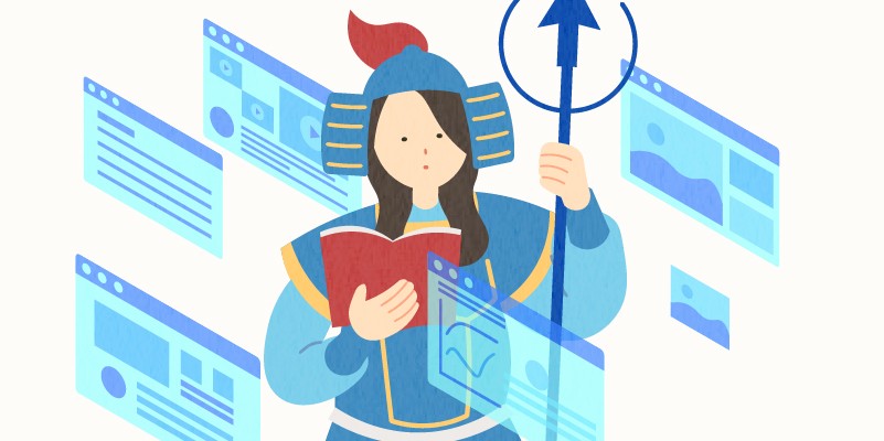 毘沙門天の格好をしたコンテンツデザインギルドの女性が本を持ち、周囲にはWebページのイメージが飛んでいるイラスト。