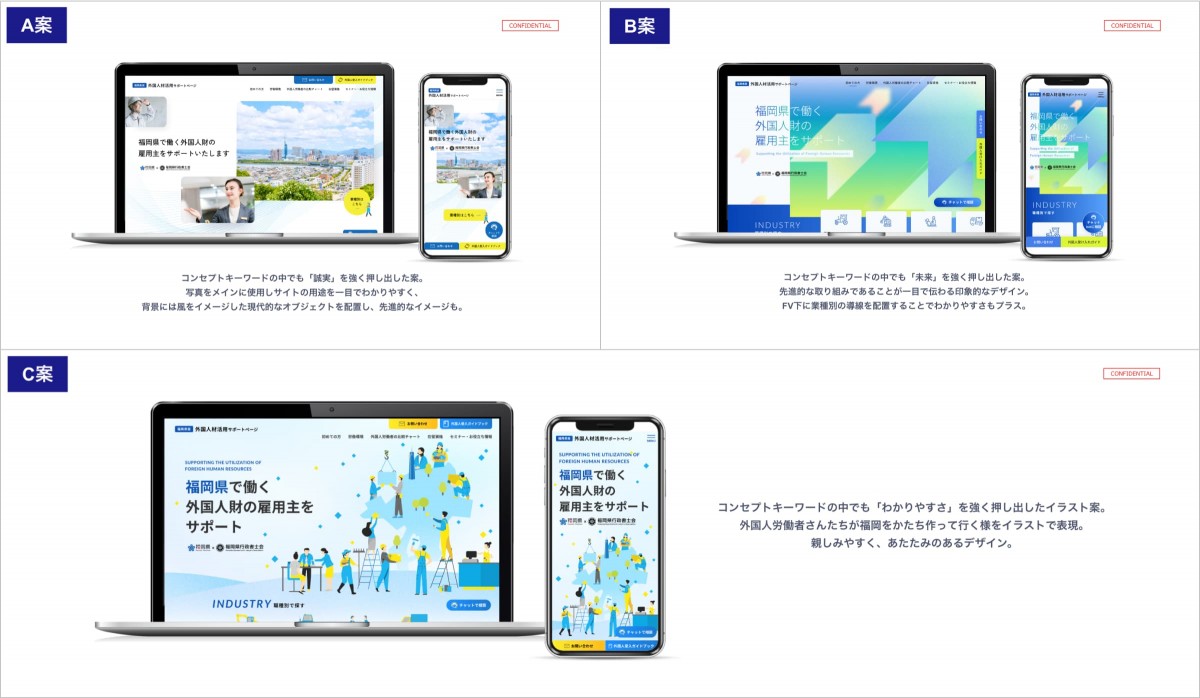 デザイン3案(A、B、C)それぞれの提案スライドを1つにまとめた画像