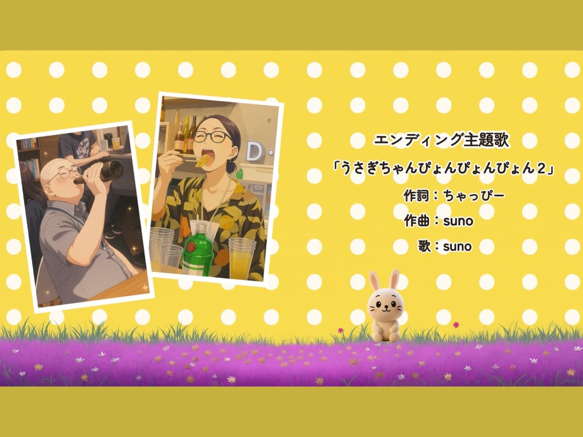 お月見Bar用に作られたエンディング映像の一場面。お月見Barを楽しむスタッフのイラストとエンディング主題歌のクレジット。「うさぎちゃんぴょんぴょんぴょん2」作詞：ちゃっぴー 作曲：suno 歌：suno