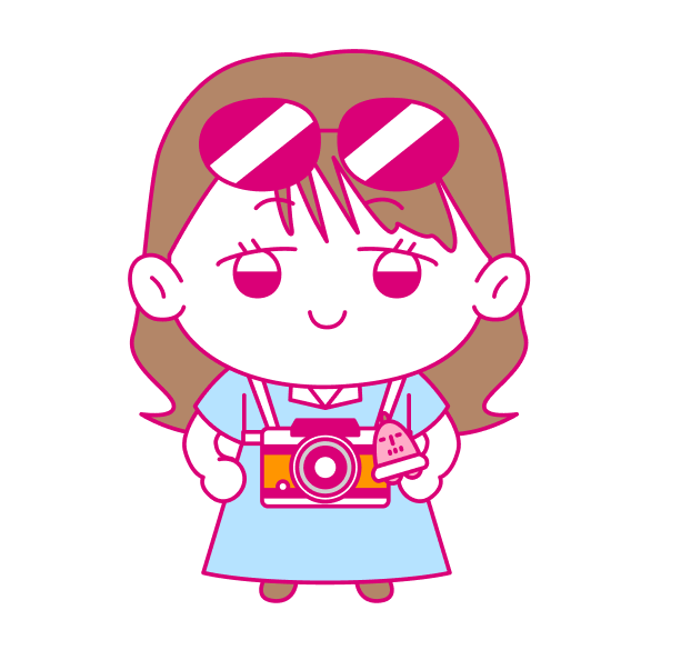 米田のイラスト。頭にサングラスをかけ、水色のワンピースを着ている。首からカメラを下げ手にはテレビ父さんを持って微笑んでいる。