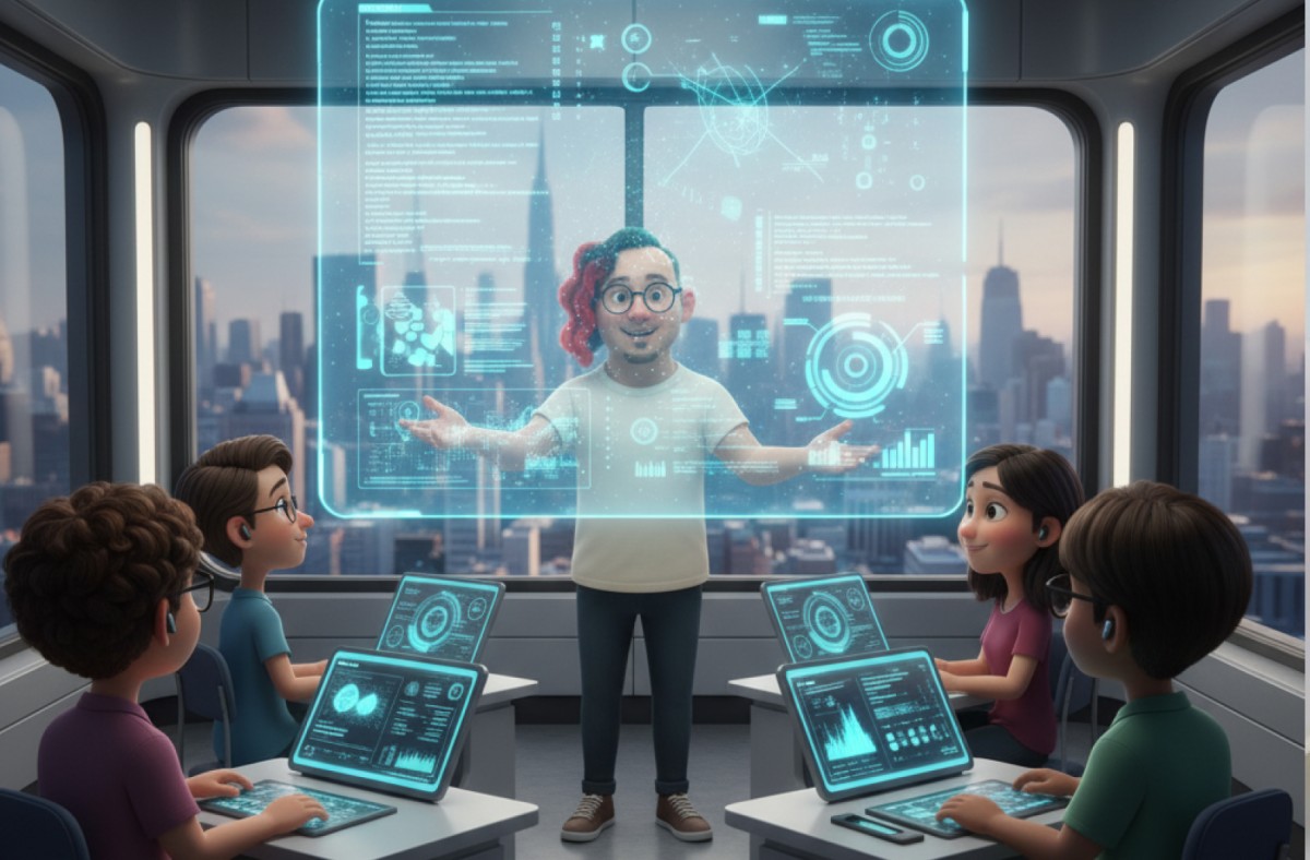 未来的なオフィスで5人の男女が研修を受けている3DCG風のイラスト。中央の講師のゆうてんが空中に浮かぶ青いホログラムディスプレイを操作しており、受講者のデスクには近未来的な端末が置かれている。ゆうてんの後ろにある窓からは高層ビル群が見える。