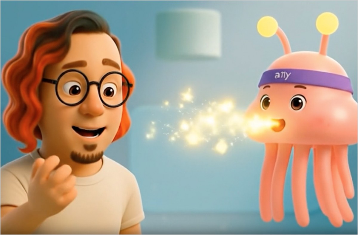 AI生成の失敗例。男性キャラクター「ゆうてん」の隣で、ピンク色のクラゲのようなキャラクター「サスグロちゃん」が口から金色の光を激しく吐き出している。