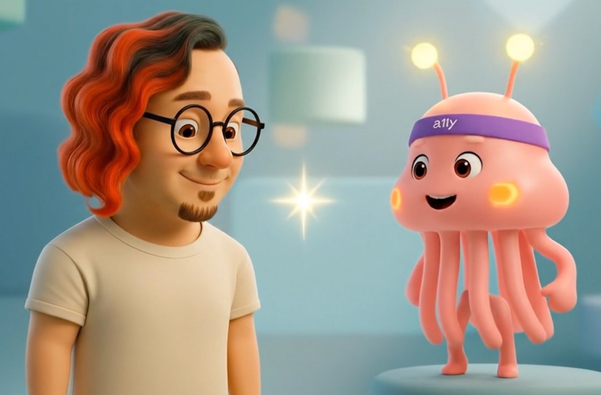 AI生成の失敗例。サスグロちゃんの触手のような足の中に、人間のような足が混ざって生成されている。隣で見守るゆうてんも、どこか困惑したような表情をしている。