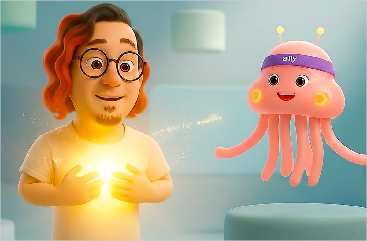 ゆうてんのアニメキャラクターが、変身の予兆として胸のあたりから強い金色の光を放っている様子。